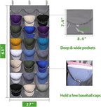 Dofilachy Hat Rack - Hat Organizer - Hat Racks for Baseball Caps, Visible Hat Holder - Baseball Cap Rack for Wall Door with 3 Hooks, 24 Deep Pockets (Dark grey, 1 pack)