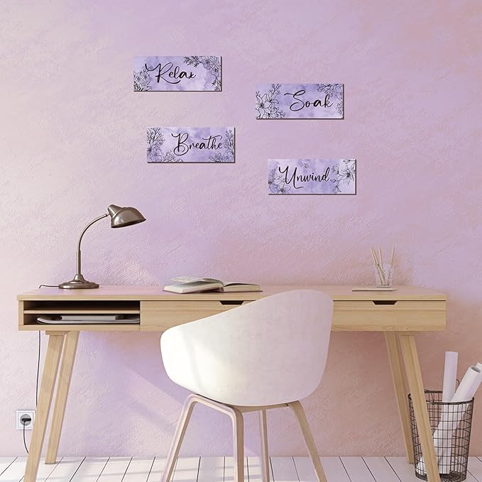 ONIZHITY 4-Piece Purple Floral Wall Art - Wooden Decor with Relax Soak Unwind Breathe Positive Hanging Art for Women's Bedroom & Living Room (10x4 Inches)