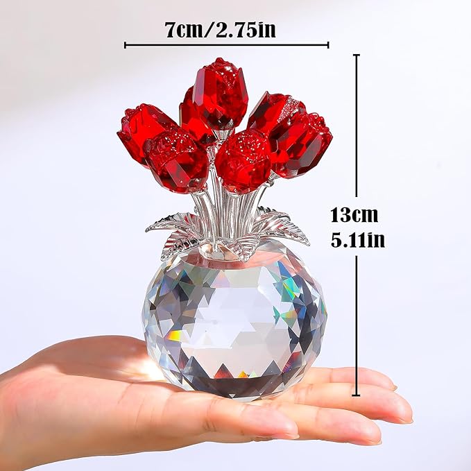 Arikyrist Crystal Red Rose Bouquet Figurine with Round Vase, Glass Rose Flower Romantic Gifts for Women Mom on Birthday, Collectible Decoration Table Centerpiece for Home