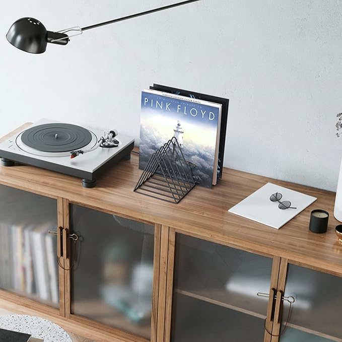 Udreamer 9 Slot Vinyl Holder,Desktop Vinyl Record Storage Holds Up 30 Vinly Records,Metal Magazine Rack Triangle File Holder for Office Homer,Black