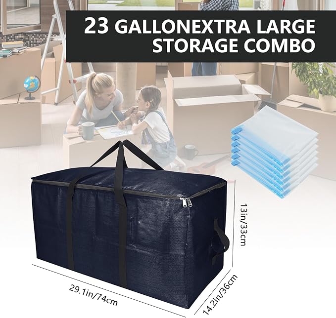Extra Large Storage Bags Set Heavy Duty Moving Totes with Handles, Dorm Room Essentials-Way Carrying Design Dorm Room Essentials For Clothes Storage (Dark Blue, 14 Park- 4 & 10 Vacuum Bags)