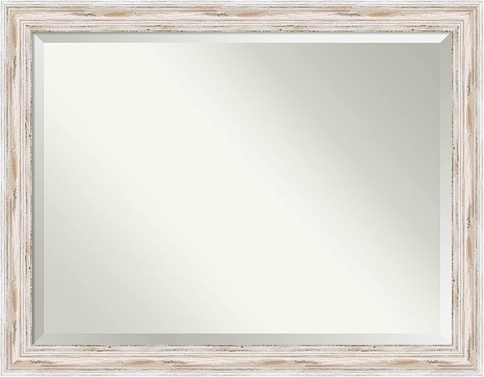 Amanti Art White Wall Mirror 35x45 Alexandria White Wash Rectangle Bathroom Mirror for Wall Decor Living Room, X-Large Cottage Wood Frame, Hangs Horizonally and Vertically, Bathroom Decor, Beveled
