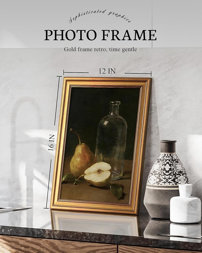 VIYYIEA Vintage Gold Framed Wall Art for Living Room, Fruits Canvas Prints Home Decor, Oil Painting Picture, Bedroom Wall Decor Gifts for Friends or Family -【Pear by the Bottle】-(16L x 12W)