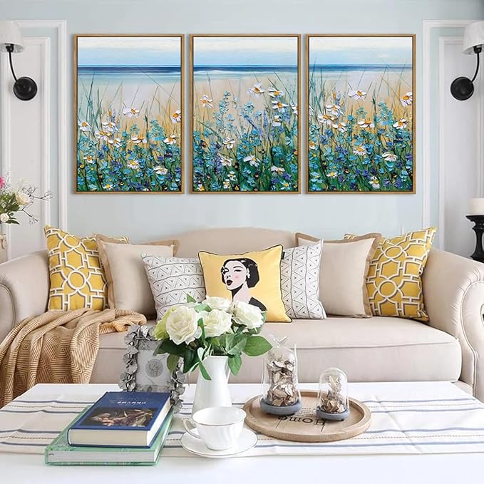 Extra Large Blue Floral Wall Art Framed Wildflower Artwork Blue Floral Wall Pictures Wildflowers Wall Decor for Living Room Bedroom Bathroom Office Blue Flowers Bloom Painting by The Seaside 24x36 Inches Set of 3
