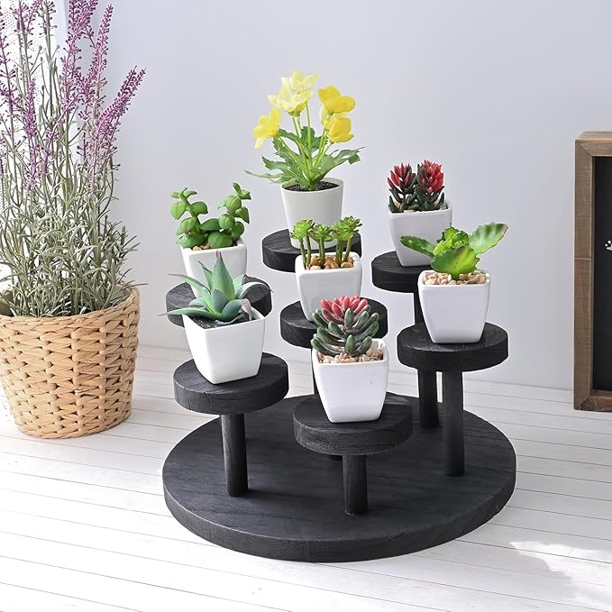 Ikee Design 7-Tier Wooden Display Riser for Jewelry, Accessories, and Collectibles items Wooden Jewelry and Figurine Display Risers, Multilevel Stand for Action Figures and Home Decor, Black Color
