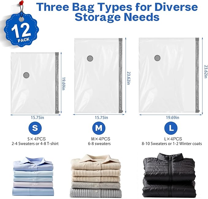 Vacuum Seal Bags For Clothing Travel With Wireless Electric Pump，12 Combo Space Saver Vacuum Storage Bags In 3 Sizes，Compression Travel Packing For Luggage,Ideal For Air Planes, Apartments