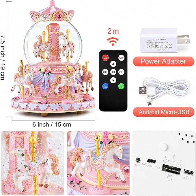 Remote Control Carousel Snow Globe Music Box, Pink Merry Go Round Horse Music Box with Lights, Plays 64 Tunes, Romantic Birthday Christmas for Daughter Wife Mom Granddaughter