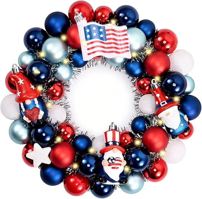 Valery Madelyn 4th of July Ball Wreath for Front Door with Lights, Red White Blue Patriotic Gnome Wreath Memorial Day Decorations with Ball Ornaments for USA 250th Anniversary Summer, 13"