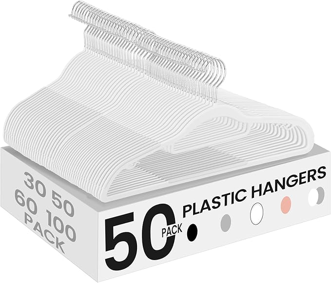 SONGMICS Pack of 50 Coat Hangers, Space-Saving Plastic Clothes Hangers, Non-Slip, 0.2 Inches Slim, 16.5 Inches Wide, 360° Swivel Silver Hook, White UCRP20WT50