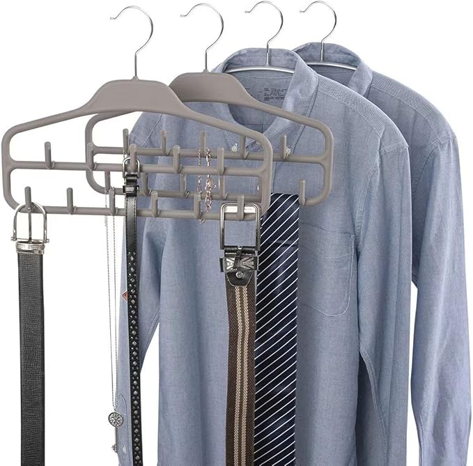 FairyHaus Belt Hanger Organizer 2 Pack, Non Slip Tie Rack Holder, Durable Hanging Closet Accessory Hooks for Belts, Ties, Jewelry, Scarves, Tank Tops, Grey