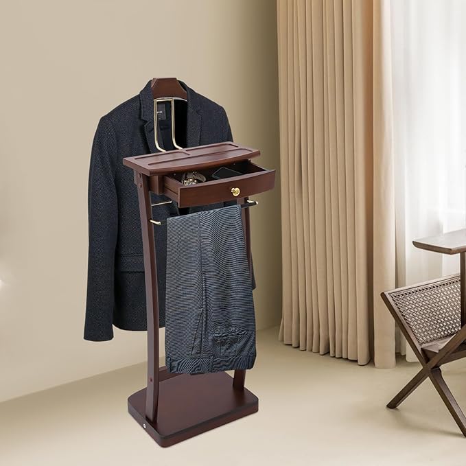 Suit Valet Stand with Base, Wooden Clothes Valet Stand with Drawer, Contour Hanger, Trouser Bar & Tie Bar Freestanding Women Men Valet Stand for Home Office Hotel