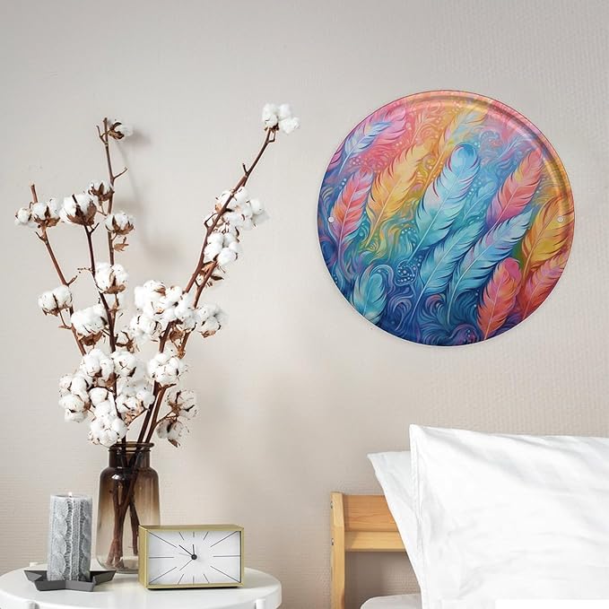 Wall Picture, with Hand Drawn Feathers Printed Circular Iron Hanging Picture,Wall Art Decor,Home for Bedroom Living Room Bathroom Decor,Iron Painting 11.8X11.8 in