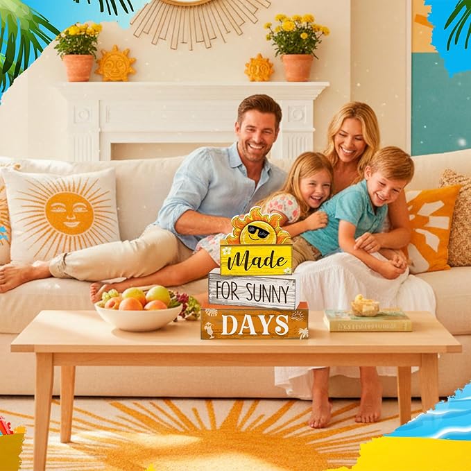Lineshading 4 Pcs Summer Table Decoration Wooden Sun Beach Tiered Tray Decor Summer Centerpiece Rustic Wood Made for Sunny Day Block Sign Gifts Beach Decorations for Home Kitchen Office Coffee Bar