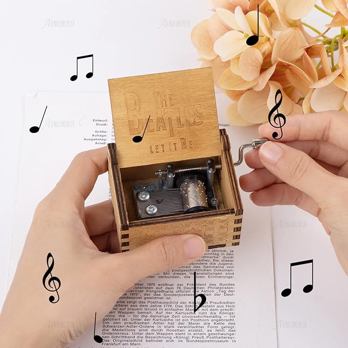 AUEAR, Let It Be Wooden Music Box Hand Crank Laser Engraved Vintage Musical Small Unique Gift for Birthday Wedding Christmas Valentines Day (Style E)
