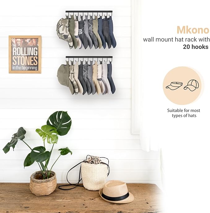 Mkono Hat Rack for Wall Hat Storage Organizer for 40 Baseball Caps, Modern Metal Closet Hat Hooks, Wall Mount Ball Caps Holder Organizer for Bedroom Entryroom Closet Organization, Set of 4, Black
