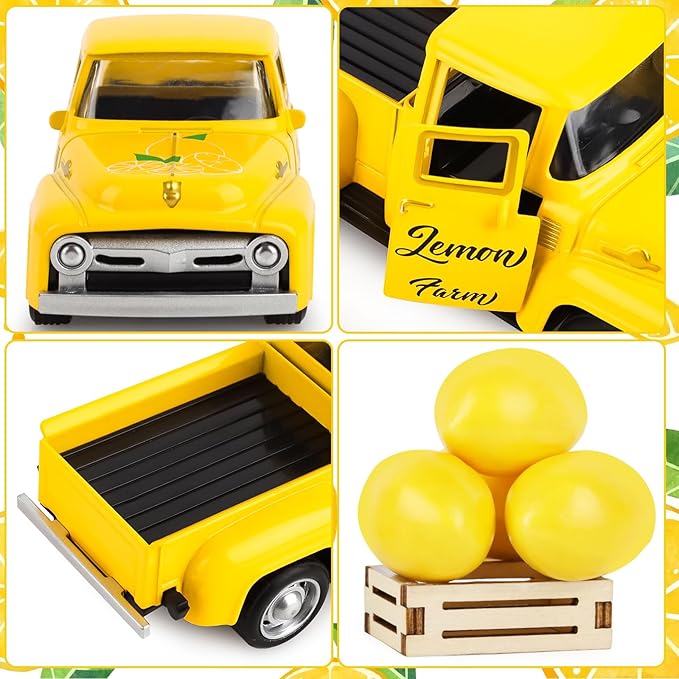 Lemon Truck Decor Vintage Metal Truck Tiered Tray Decor Lemon Party Decorations Summer Farmhouse Yellow Car with Mini Fake Lemons for Home Kitchen Tabletop Centerpiece Supplies