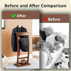 Wood Clothes Valet Stand with Tray, Floor Standing Suit Valet Stand with Drawers and Front Trouser Rack, Men's Valet Stand, for Living Room Office Dressing Room 44.4x30x112.2 cm (Walnut)