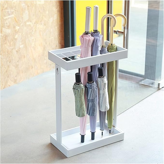 Metal Umbrella Holder Stand with Drip Tray and 4 Hooks White Commercial Grade Umbrella Rack for Storing up to 16 Umbrellas