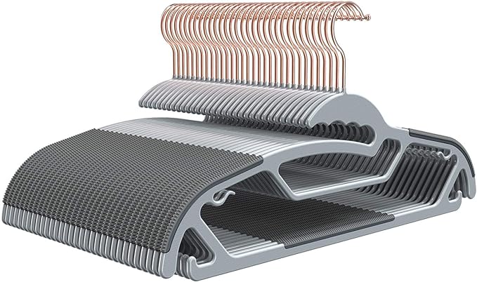 50-Pack Slim S-Shaped Plastic Hangers with Non-Slip Grips – Space-Saving Gray Hangers for Delicate Necklines, Fits Shirts, Dresses & Coats in Closet/Dorm Organizers