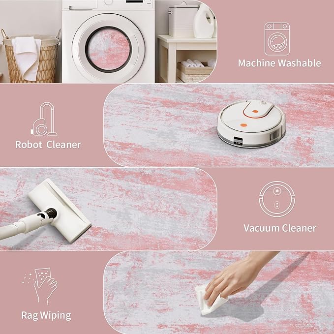 Ciicool Modern Abstract Area Rug, 2x3 Pink Grey Washable Small Entryway Rug, Low Pile Soft Non-Slip Kitchen Rug Thin Throw Rugs Room Mat Foldable Bathroom Rugs Non-Shedding Floor Carpet Indoor