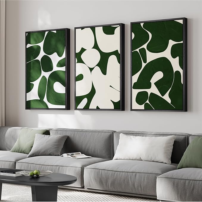 Large Framed Green and White Abstract Wall Art for Living Room, Set of 3 Minimalist Canvas Prints Paintings Artwork for Walls, Mid-Century Modern Pictures for Entryway, Hallway Wall Decor 24x36 In