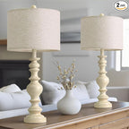 BOBOMOMO 27" Antique White Table Lamps Set of 2, Large Vintage Resin Lamps with Linen Shades, Farmhouse White Lamps for Bedroom, Living Room, or Console Table Elegant Home Décor