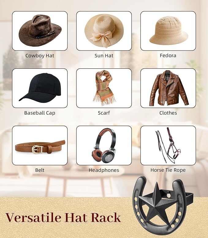 Cowboy Hat Hook for Wall, 4 Pack Cowboy Hat Rack, Metal Horseshoe Hanger, Hat Organizer, Western Hook for Wall, Hat Holder Display for Closet, Horse Supplies, Texas Gifts for Men, Black