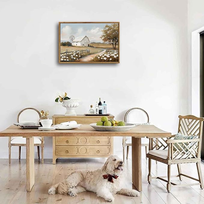 Framed Barn Canvas Wall Art Farmhouse Rustic Decor Pictures Farm Windmill Countryside Nature Field Meadow Flower Posters Prints for Home Decoration Bathroom Bedroom Living Room Decoration