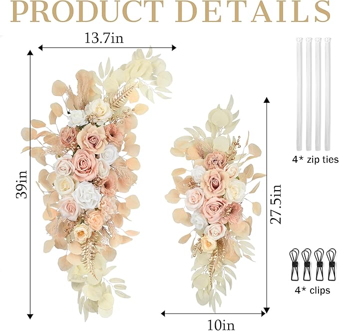 Ting's time Wedding Arch Flowers Artificial Silk Large Flower Swag Boho Styles Reception Backdrop Floral Decor for Wedding Party Ceremony, Pack of 2 (Beige)