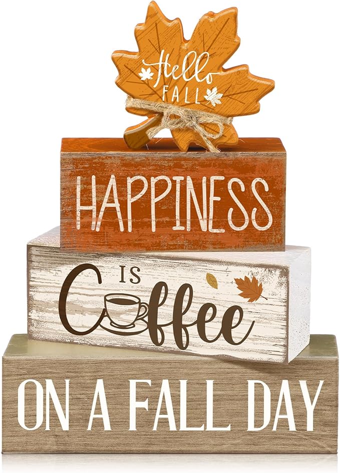 Lineshading 4 Pcs Fall Decoration for Home Wooden Maple Leaf Thanksgiving Table Centerpiece Thanksgiving Tiered Tray Decor Rustic Decorative Maple Leaf Block Signs Farmhouse Autumn Decor for Kitchen