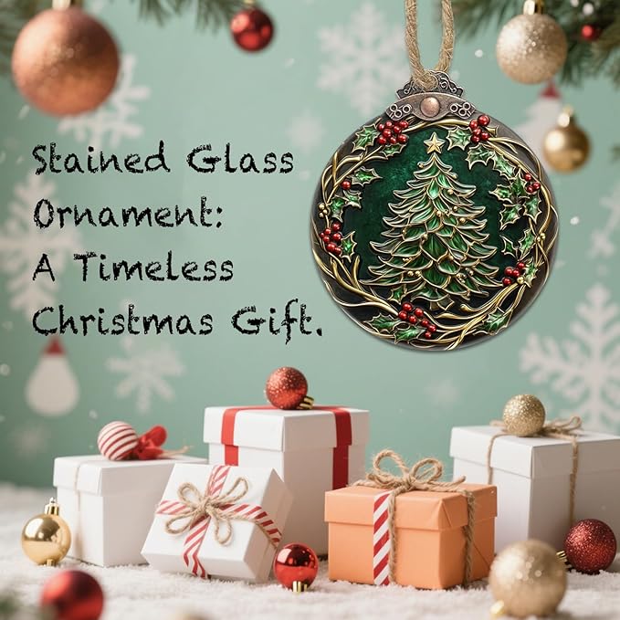 DASTOLL Stained Glass Christmas Decorations, Vintage Patina Wreath Suncatcher for Window Christmas Tree Hanging Ornaments Green Sun Catcher Xmas Decor Gifts for Women Men Mom Nana Friend
