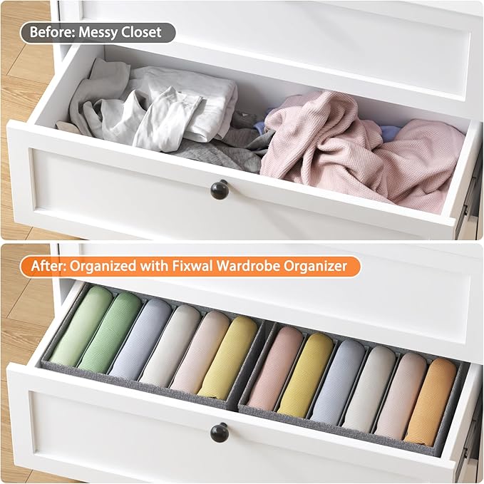 Fixwal 4pcs Wardrobe Clothes Organizer with Board Closet Organizers and Storage 6 Grids Divider Organizers Compartment Storage Bins for Jeans T-shirt Pants Legging