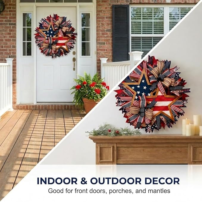 Patriotic Wreaths for Front Door, 250 Anniversary Wreath 4th of Red White and Blue Wreath, Memorial Day Flag Wreaths for Indoor Outdoor Porch Decory Holiday Decorative (#A)