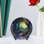 Stained Glass Theme Decorative Ceramic Plate Round Porcelain Plate,8 inch,Sunrise Forest Stream Pattern,for Decorative Ornaments Giving Plates, 1 Plate with 1 Display Stand,Multicolor