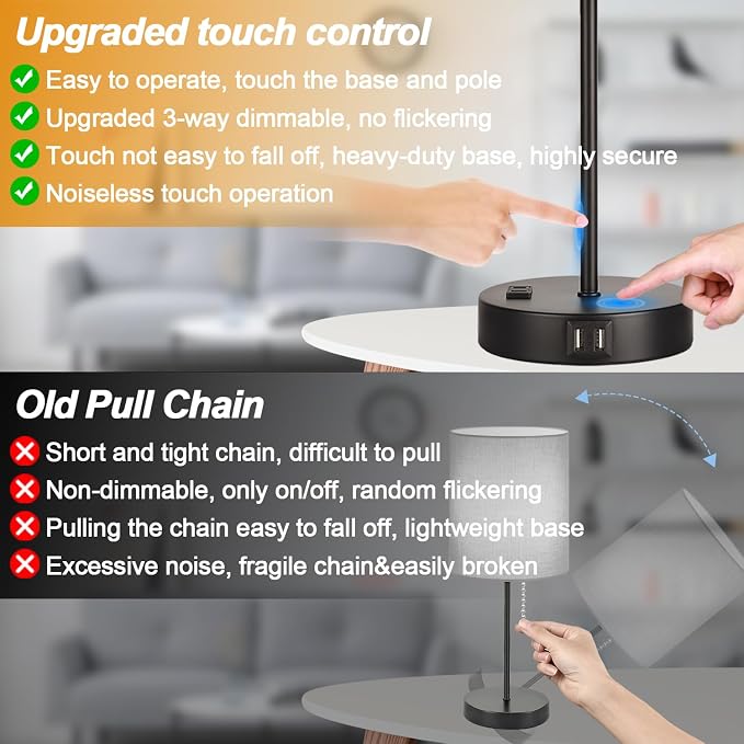 Lynnoland Set of 2 Touch Beige Table Lamps with 2 USB Ports & AC Outlet, 3-Way Dimmable Bedside Nightstand Lamps for Living Room Nursery Office Bedroom, 800 Lumens 2700K Warm Bulbs Included