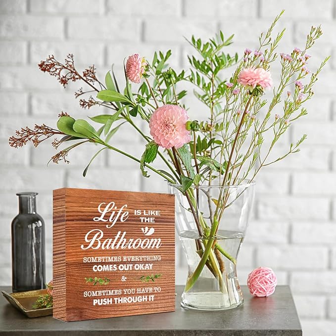 Brown Life is Like The Bathroom Wooden Box Sign Desk Decor,Funny Bathroom Wood Block Sign for Farmhouse Toilet Shelf Decor