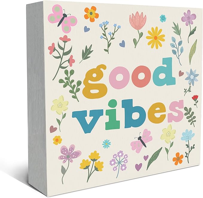SRADMO Boho Floral Inspirational Wood Box Sign Desk Decor, Motivational Office Decor, Positive Inspirational Theme Wooden Block Box Sign Decoration for Home Office Shelf Table Decorative Accessories