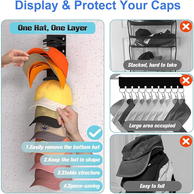 Hat Organizer for Baseball Caps 2 Pack Hat Rack for Wall with Strong Adhesive Hat Hanger Holder Display for Door Closet Hold up to 20 Hats Multilayer Ball Cap Storage Two Mounting Option