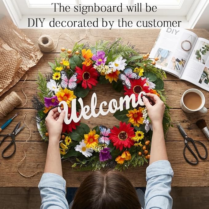 Valery Madelyn Spring Summer Wreaths for Front Door，Collapsible 24 Inch Door Wreath with Daisy Flower,Butterfly and “Welcome” Wood Sign Floral Wreath for Wedding, Wall, Home Decorations
