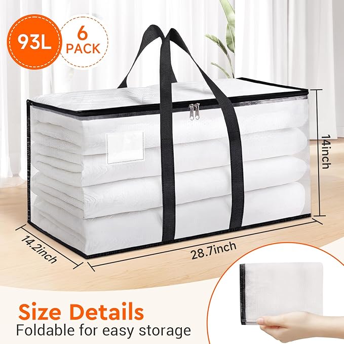 BlissTotes Moving Bags, 93L 6-Pack Storage Bags, Moving Box Heavy Duty Extra Large, Moving Totes with Zipper, Reinforced Handles Boxes for Packaging Moving, Decorative Wreath Storage