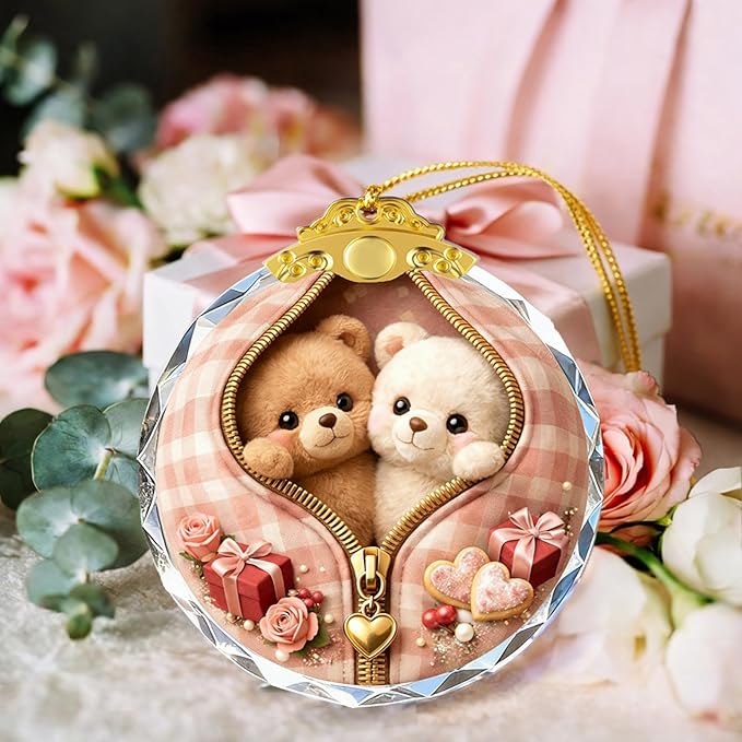 Crystal Teddy Bear Couple Ornament Suncatcher Home Decoration Car Interior Decorations Charm Pendant for Men Women Teens Graduation Gifts Friendship Birthday Gifts for Friend Female Xmas Gifts