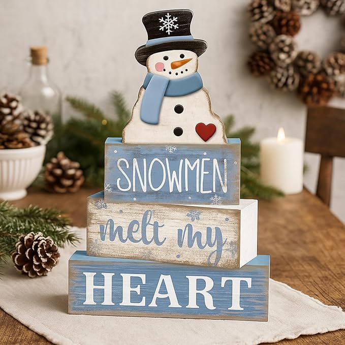 Moucuny 4 Pcs Winter Table Decorations Blue and White Snowman Decor Winter Tiered Tray Decor Valentines Day Centerpiece Rustic Decorative Hat Snowman Block Signs Gift Farmhouse for Home Kitchen Shelf
