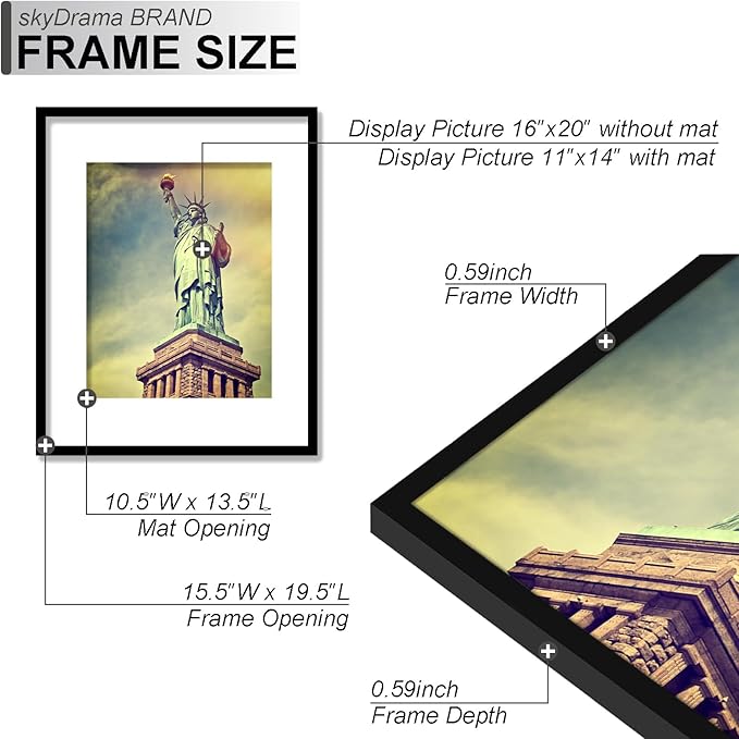 100% Solid Wood 16x20 Picture Frame Set of 3, Black Frame Display Photo 11x14 with Mat or 16 x 20 without Mat, 16by20 HQ Matte Black Frame for Wall - 3 Pack/Black/16 x20