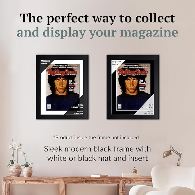 Creative Picture Frames 9.75 x 11.75 Magazine Frame with Full-Strength Glass, Holds Up To A 1/4" Thick Media with Installed Hangers for Easy Mounting, 11x14 Black Frame with White Mat
