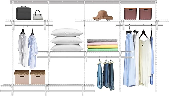 5-8 Ft Closet Organizer System, White Adjustable Custom Metal Wire Shelving Wall Mounted, Expandable Organization and Storage Shelf Kit with Hanging Rods