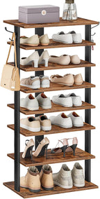 HOOBRO 8 Tiers Vertical Shoe Rack, Wooden Shoe Storage Organizer with Hooks, Narrow Shoe Tower for 16 Pairs, Space Saving, for Entryway, Living Room, Bedroom, Rustic Brown BF750XJ01