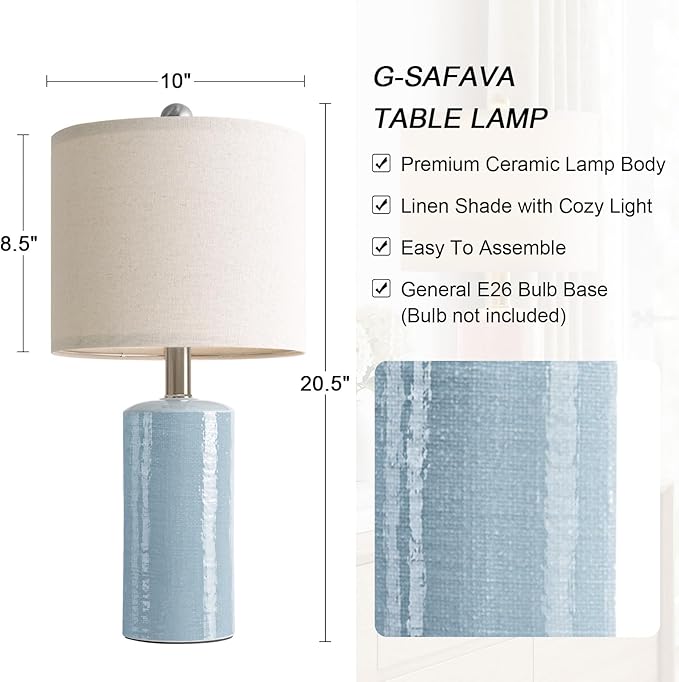 G-SAFAVA 20.5" Small Table Lamps for Living Room Lamp Set of 2 Ceramic Lamps for Bedroom Bedside Lamps Modern Boho Lamps for Night Stands Farmhouse Nightstand Lamp Side End Table Lamp, Light Blue