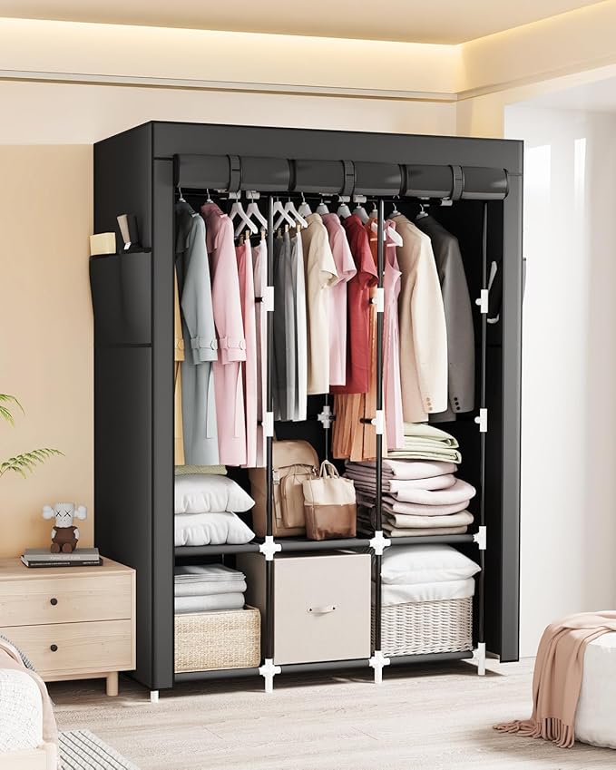 Mavivegue Portable Closet, 50 Inch Wardrobe Closet, Portable Closets for Hanging Clothes with 3 Hanging Rods and 6 Storage Shelves for Bedroom, Black