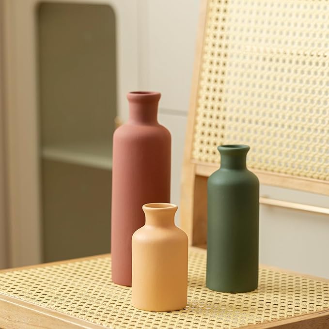Modern Ceramic Vase Set of 3, Neutral Colors, Decorative Bottles for Home, Farmhouse Rustic Decor, Housewarming Gifts, Wedding Gifts, Bridal Shower Gifts, Birthday Gifts for Women (Green Mix)