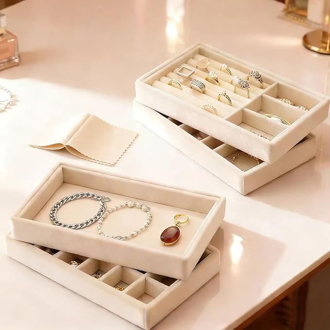 6 Pcs Velvet Jewelry Tray, Stackable Jewelry Organizer, Necklace Bracelet Display Tray, Jewelry Storage Inserts Set for Dresser & Vanity(6)